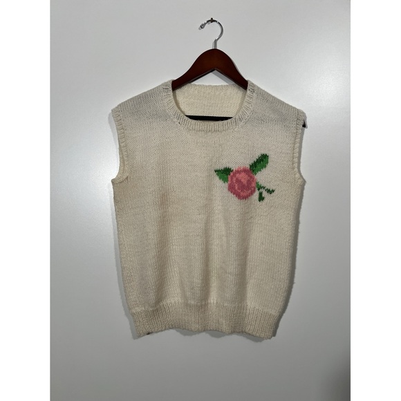 Handmade Sweater Vest in Cream with Pink Flower